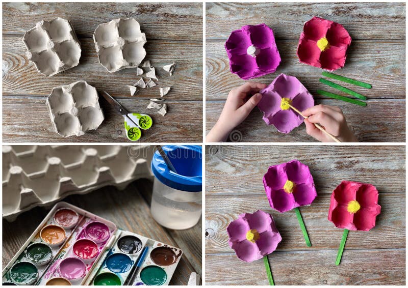 Collage de 4 fotos aprendiendo a hacer flores reciclando cajas de huevos.