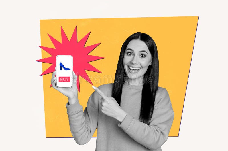 Collage de fotos compuesto creativo de una emocionada mujer impresionada dirigiendo el eshop en la pantalla del smartphone aislada libre illustration