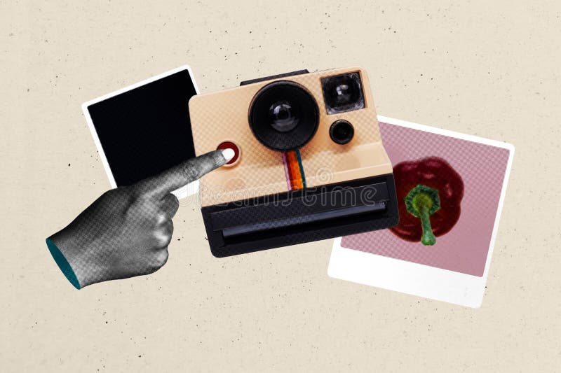 Collage de fotos compuesto de fotos de la antigua cámara de fotos retro instantánea dispositivo paparazzi sesión de imagen de pimi stock de ilustración