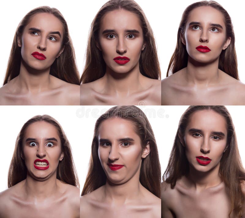 Collage de jolie femme de brune avec l'expressio facial différent photo stock Collage de jolie femme de brune avec l'expressio facial différent photo stock