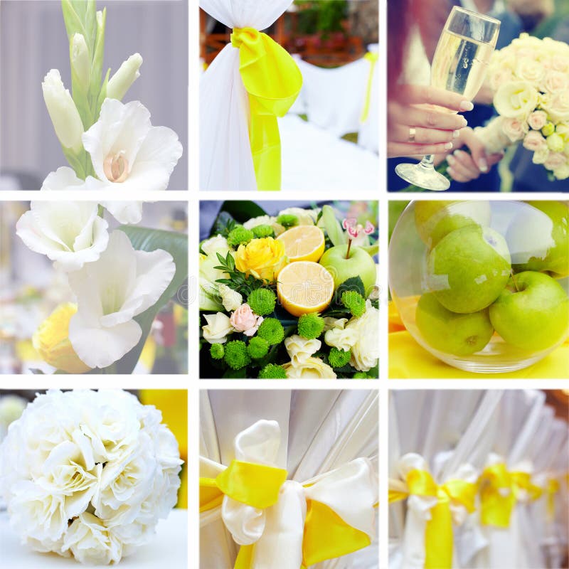 Collage de la boda en tema del color amarillo y verde fotografía de archivo libre de regalías Collage de la boda en tema del color amarillo y verde fotografía de archivo libre de regalías