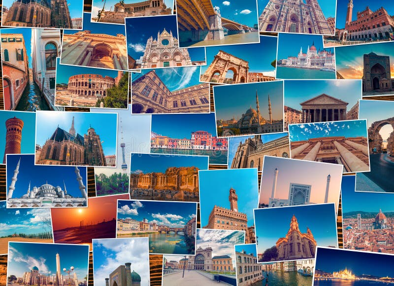 Collage de la foto hecho de destinos diversos del World Travel