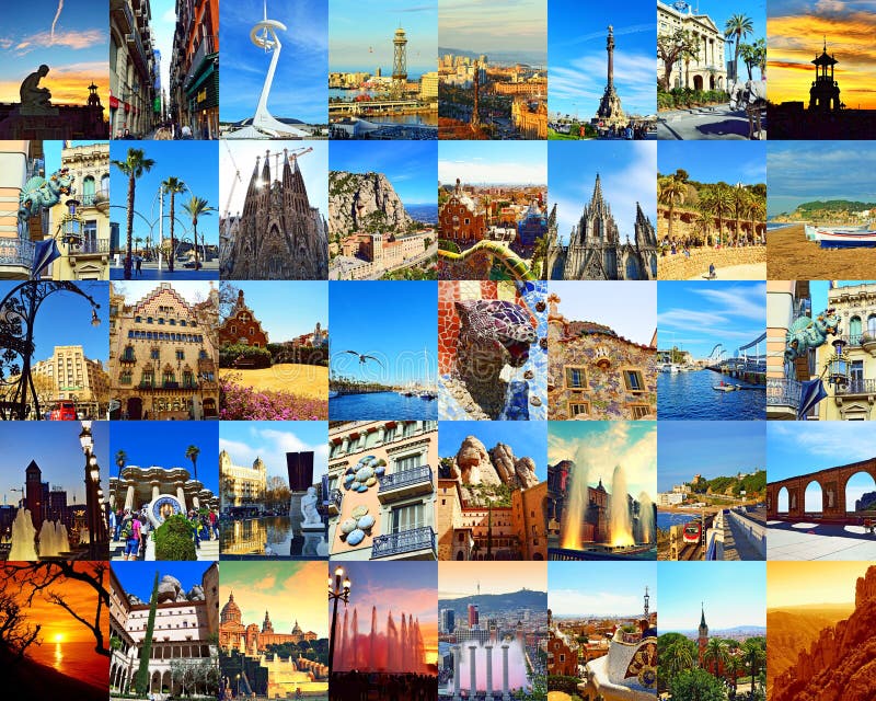 Collage de la postal de la ciudad de las señales de Barcelona imágenes de archivo libres de regalías