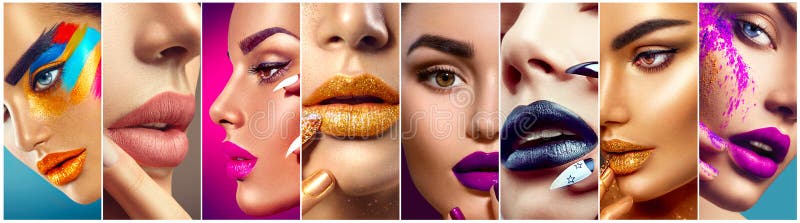 Collage de maquillage Lèvres, yeux, fards à paupières et art colorés de clou