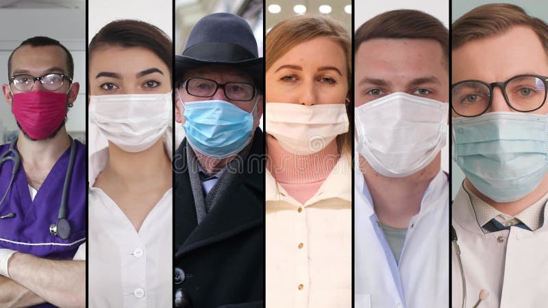 Collage de personas con máscaras protectoras. pantalla dividida. enfermedad infecciosa masiva metrajes