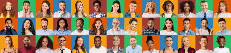 Collage de personnes multiculturelles exprimant différentes émotions ensemble mosaïque photos libres de droits