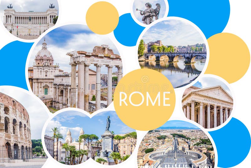 Collage de photo de Rome - Roman Forum ensoleillés, Colosseum, pont en pierre d'ange de saint, Panthéon, Piazza Venezia, place du illustration stock Collage de photo de Rome - Roman Forum ensoleillés, Colosseum, pont en pierre d'ange de saint, Panthéon, Piazza Venezia, place du illustration stock