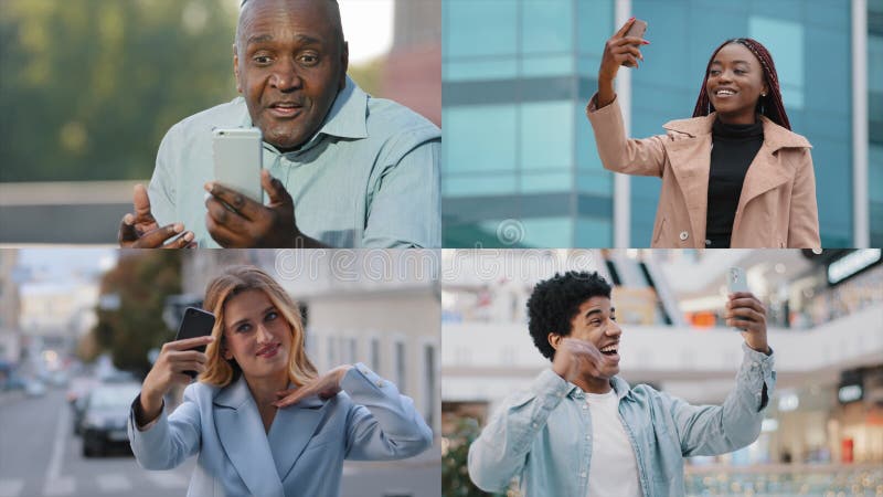Collage de quatre heureux millénaires ethnies femmes hommes distance amis blogueurs bavardage en groupe appel vidéo regarder clips vidéos