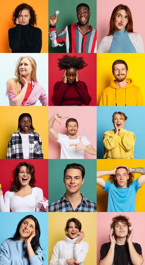 Collage de retratos de modelos expresivos masculinos y femeninos multiétnicos. emociones humanas ventas de expresiones faciales imagenes de archivo