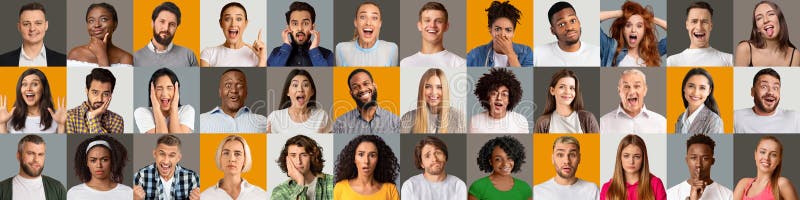Collage de retratos de varias personas. imágenes de diferentes hombres y mujeres sobre el panorama de estudios multicolor fotografía de archivo