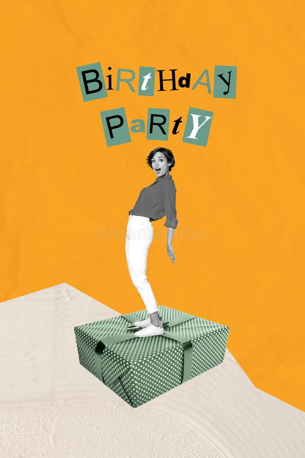 Collage de una alegre mujer sorprendida hombre parado en una caja de regalo con un fondo brillante y fiesta de cumpleaños festiva imagen de archivo