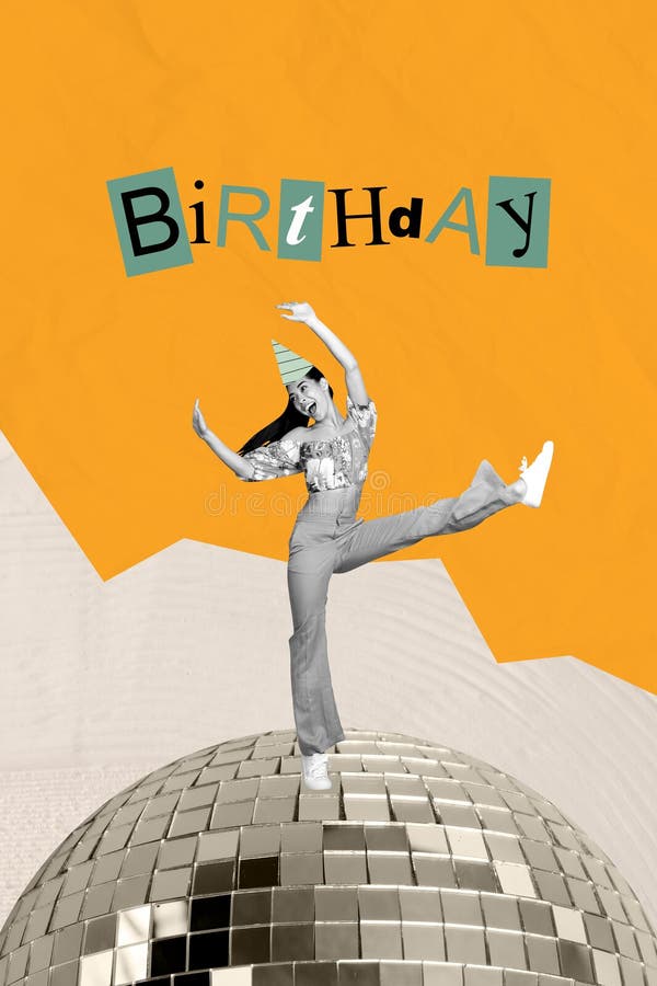 Collage de una alegre persona sorprendida con antecedentes de bola de disco y cartas de celebración de cumpleaños foto de archivo