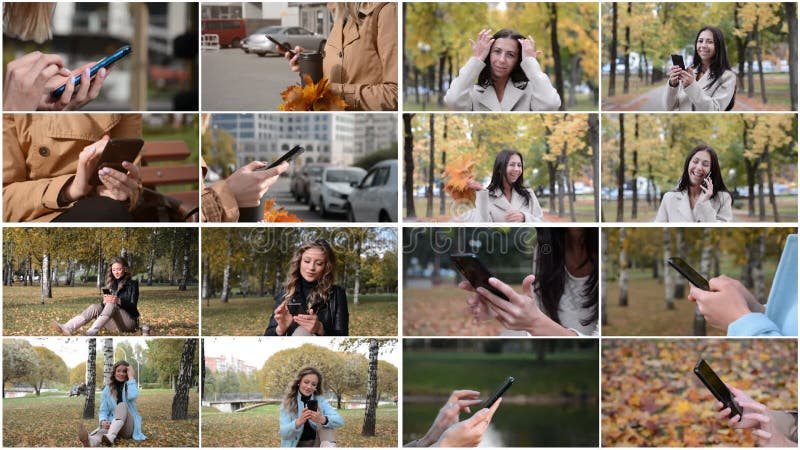 Collage de video de chicas jóvenes con un smartphone en sus manos metrajes