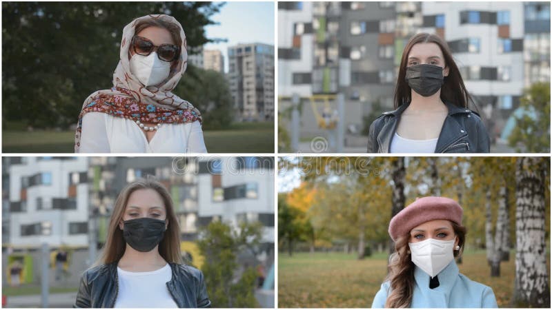 Collage de video de cuatro clips, chicas con máscaras protectoras en la ciudad almacen de video