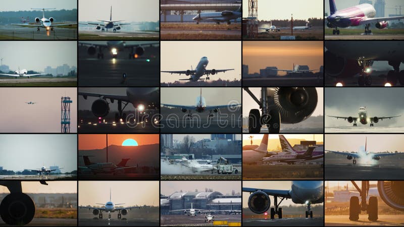 Collage de video del avión de vida del aeropuerto en la pista. almacen de video