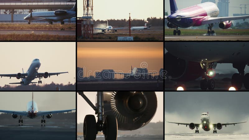 Collage de video del avión de vida del aeropuerto en la pista. metrajes