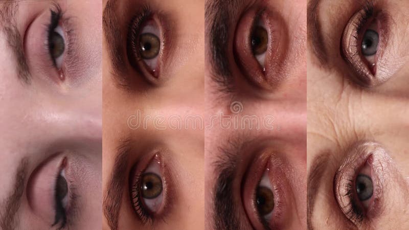Collage de video hecho de imágenes de closet de diferentes ojos de la gente. hombre y mujeres mirando a la cámara metrajes