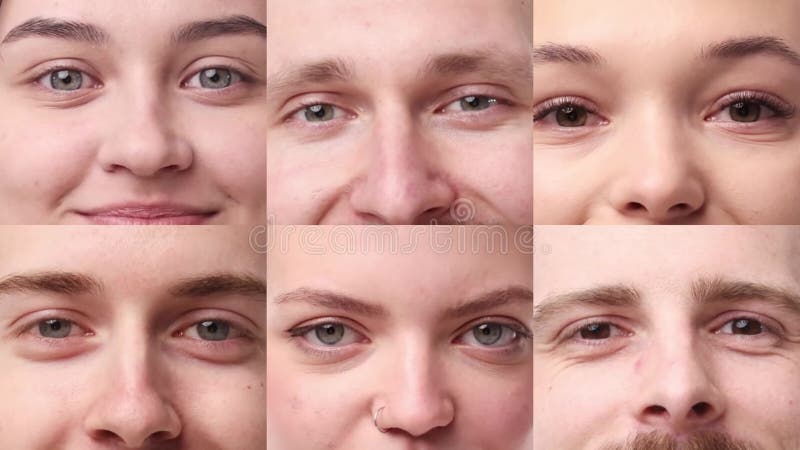 Collage de video hecho de imágenes de closet de diferentes ojos de la gente. jóvenes hombres y mujeres mirando en cámara con metrajes