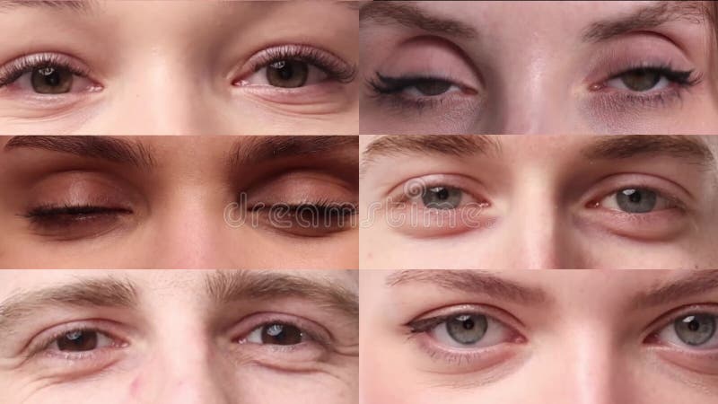 Collage de video hecho de imágenes de closet de diferentes ojos de la gente. jóvenes hombres y mujeres mirando hacia la cámara. so metrajes