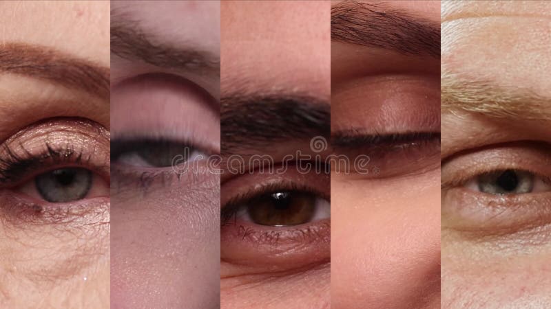Collage de video hecho de imágenes de closet de diferentes ojos de la gente parpadeando. visión. modelos de sexo masculino y femen almacen de video