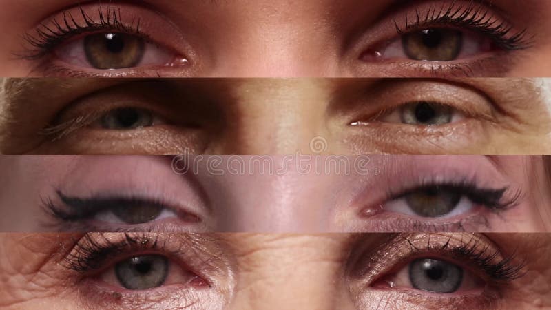 Collage de video hecho de imágenes de closet de diferentes ojos de la gente parpadeando. visión. modelos de sexo masculino y femen metrajes