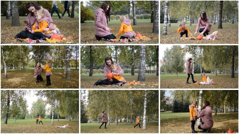 Collage de video de mamá y su pequeña hija en un parque otoñal almacen de metraje de vídeo