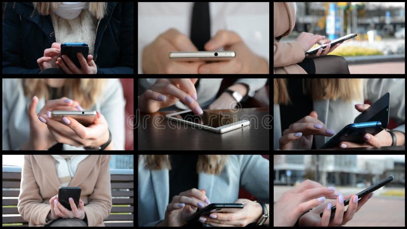 Collage de video de nueve videos manos femeninas y smartphone almacen de video