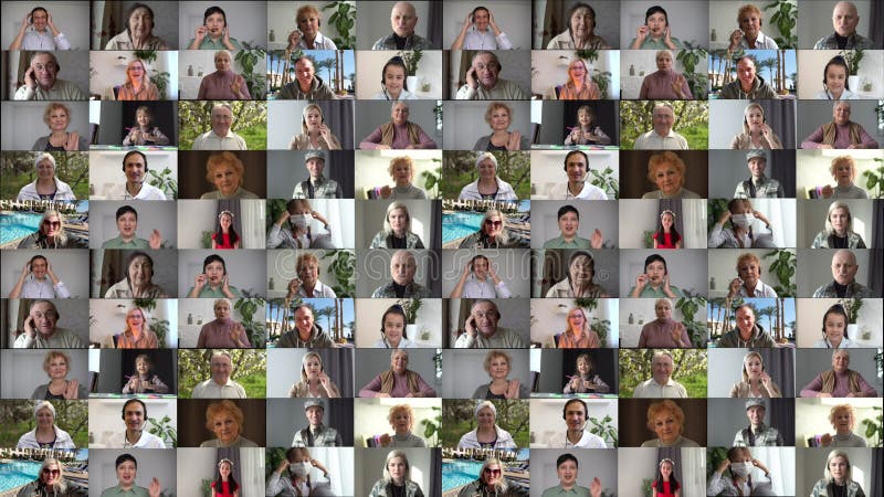 Collage de video de 99 personas con una variedad de imágenes en forma de un gran muro de video de la tv almacen de metraje de vídeo