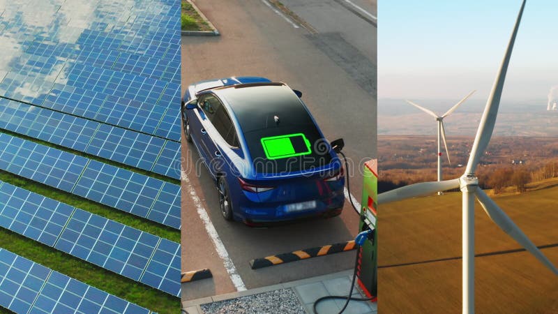 Collage de video que muestra paneles solares de parques eólicos y una estación de carga de automóviles eléctricos. metrajes