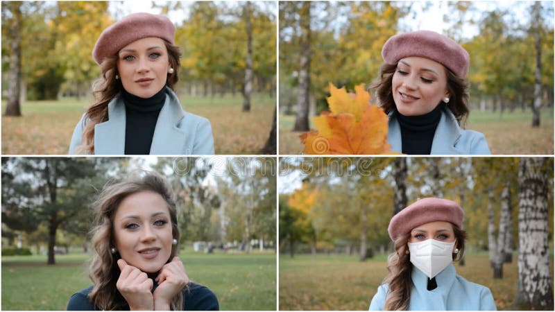 Collage de video de un retrato de una bella y elegante chica en un parque otoñal almacen de video