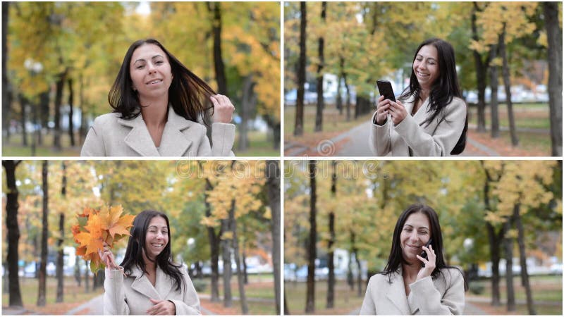 Collage de video de una hermosa chica en el parque de otoño metrajes