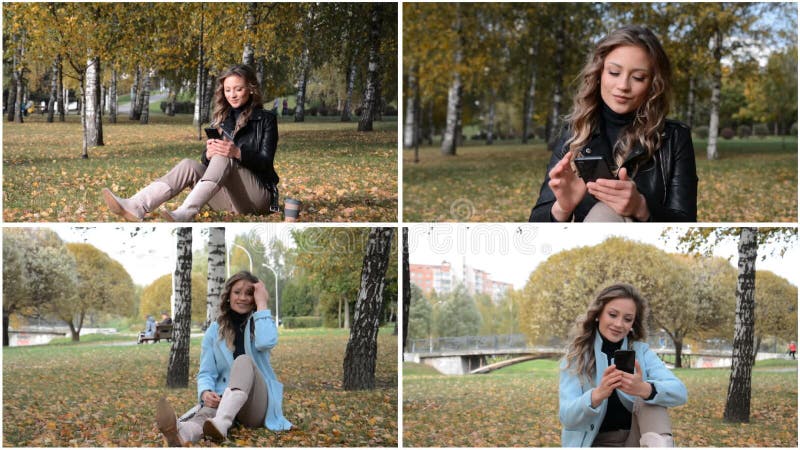 Collage de video de una hermosa hipster en un parque de otoño. almacen de metraje de vídeo