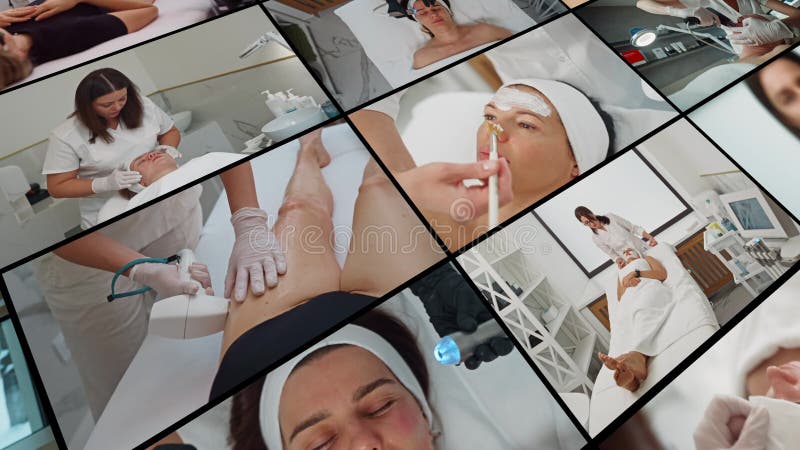 Collage de video de una mujer sometida a un procedimiento en una clínica de belleza. metrajes
