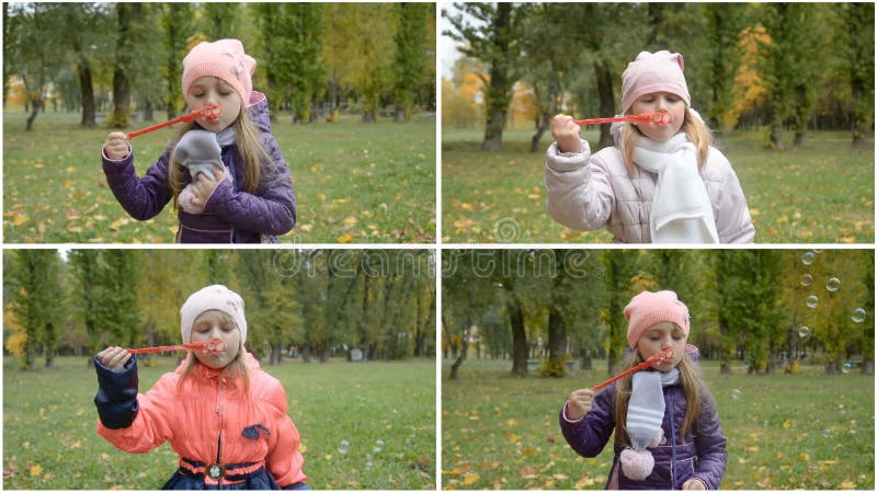 Collage de video de una niña que sopla burbujas metrajes