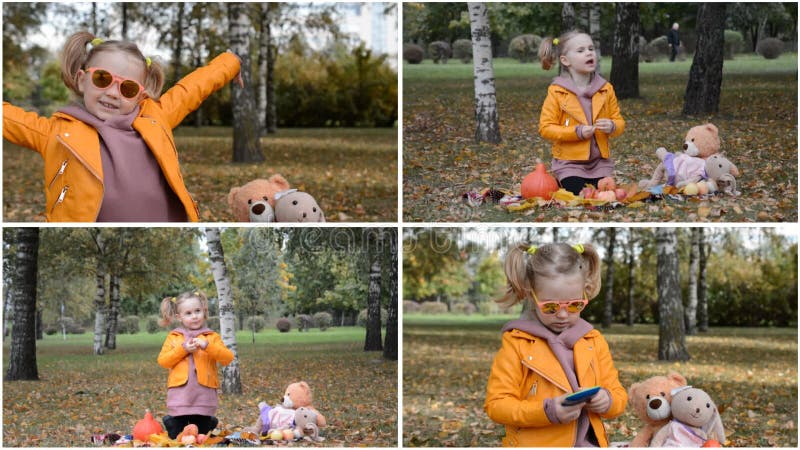 Collage de video de una niña de tres años haciendo un picnic almacen de video
