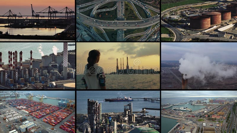 Collage de videos de paisajes industriales de contaminación ambiental. almacen de video