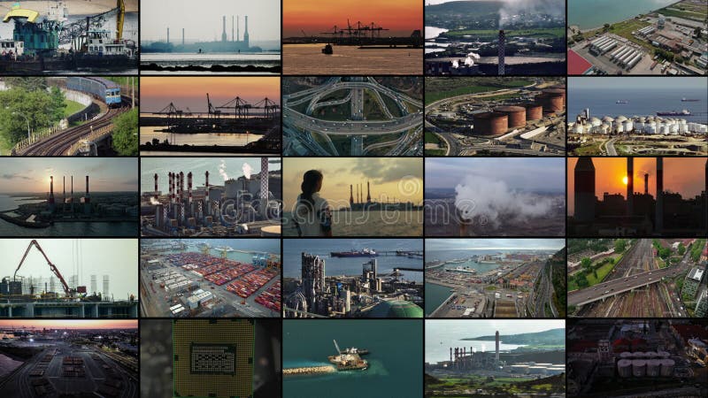 Collage de videos de paisajes industriales de varias plantas. almacen de metraje de vídeo