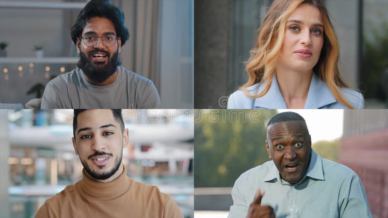 Collage de vidéo en ligne chat quatre personnes d'affaires amis sur montage multi-écran partagé. divers multiethnique joyeux banque de vidéos