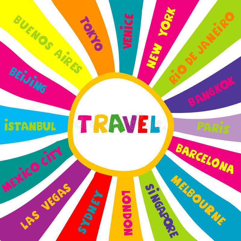 Collage de voyage avec différents noms de ville du monde illustration stock Collage de voyage avec différents noms de ville du monde illustration stock