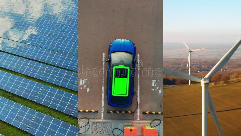 Collage de vídeo con paneles solares de parques eólicos y un coche eléctrico. almacen de metraje de vídeo