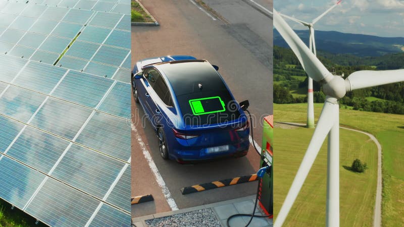 Collage de vídeo con turbinas eólicas paneles solares y carga de un automóvil eléctrico. almacen de video