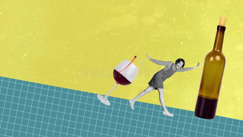 Collage de vídeo en movimiento de señora equilibrio en piso en movimiento con bebida alcohólica de vino metrajes