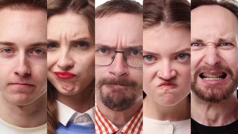 Collage de vídeo. grupo de jóvenes hombres y mujeres con caras enfadadas e irritadas. molestia y estrés metrajes