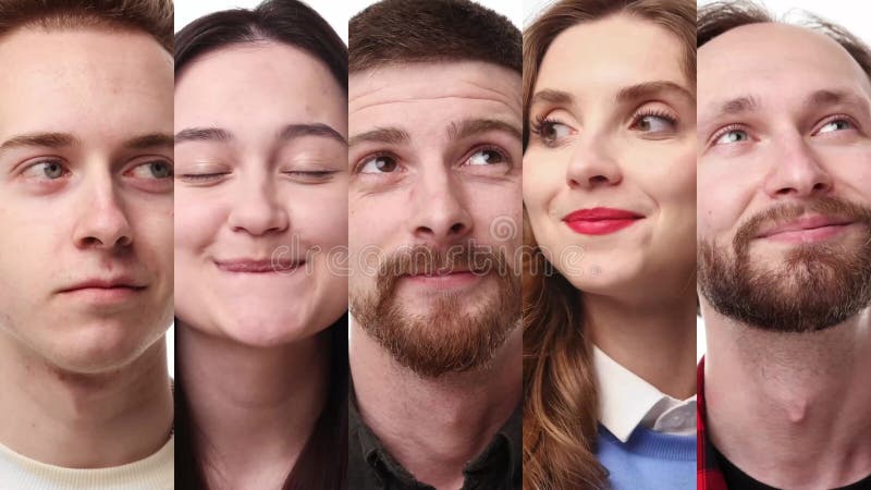 Collage de vídeo. grupo de jóvenes hombres y mujeres con oníricos y felices rostros emocionados. rostros positivos almacen de metraje de vídeo