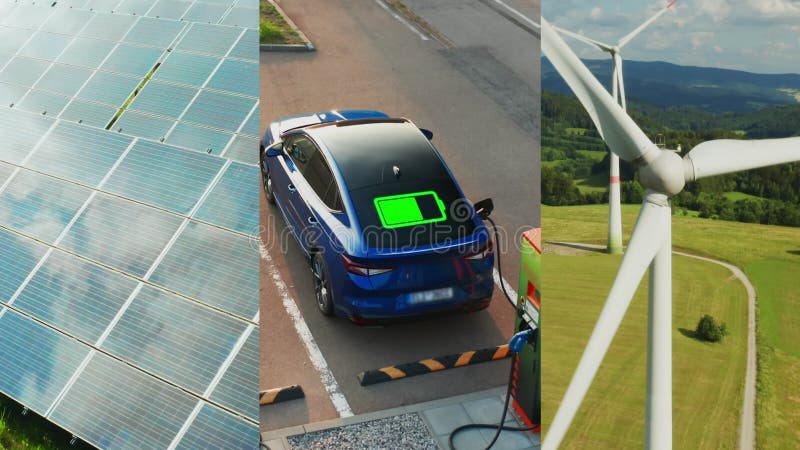 Collage de vídeo de la energía solar de las turbinas eólicas y de la carga de un coche eléctrico. metrajes