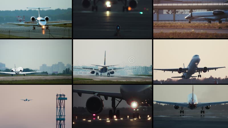 Collage de vídeo de los vuelos de transporte y pasajeros por avión. almacen de video