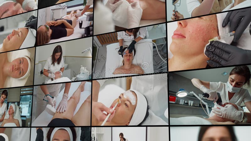 Collage de vídeo de procedimientos de belleza realizados por un esteticista en cosmetología. almacen de video