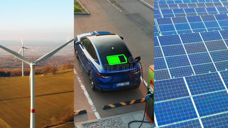 Collage de vídeo de una matriz de paneles solares de parques eólicos y carga de un vehículo eléctrico. almacen de metraje de vídeo