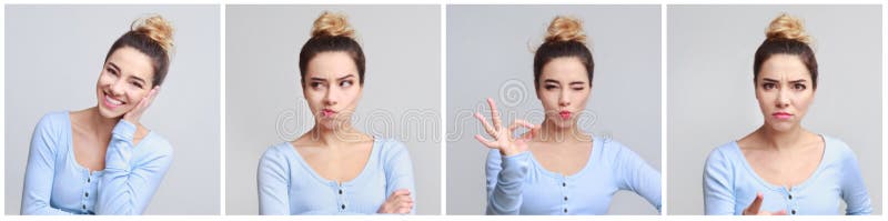Collage dei ritratti della giovane donna con differenti emozioni immagini stock Collage dei ritratti della giovane donna con differenti emozioni immagini stock