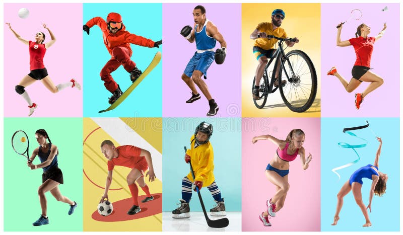 Collage del deporte sobre atletas o jugadores El tenis, funcionamiento, bádminton, gimnasia rítmica, voleibol foto de archivo libre de regalías Collage del deporte sobre atletas o jugadores El tenis, funcionamiento, bádminton, gimnasia rítmica, voleibol foto de archivo libre de regalías